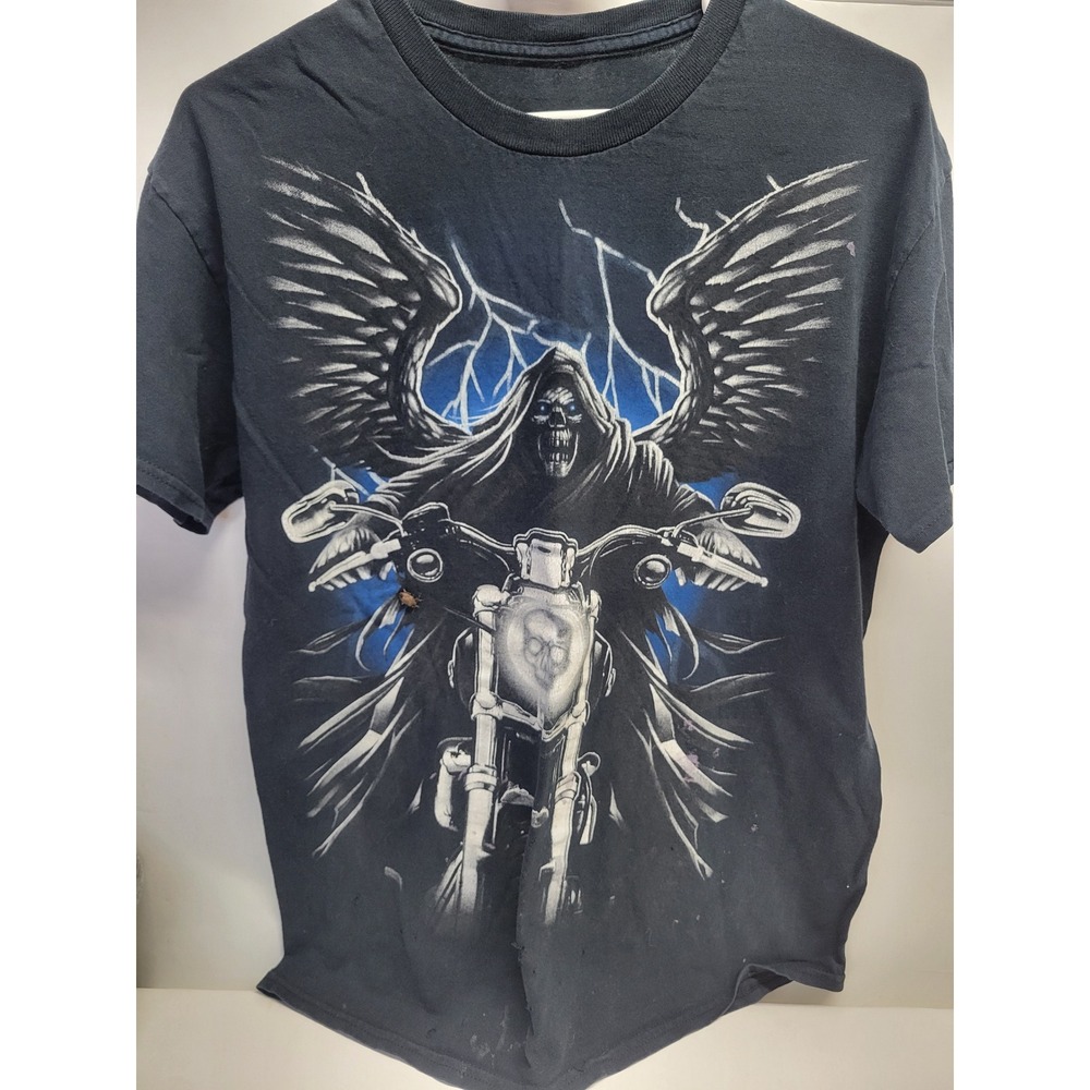 Vtg Grim Reaper Motorcycle TShirt‎ Black grunge distressed Graphic Print Sz L